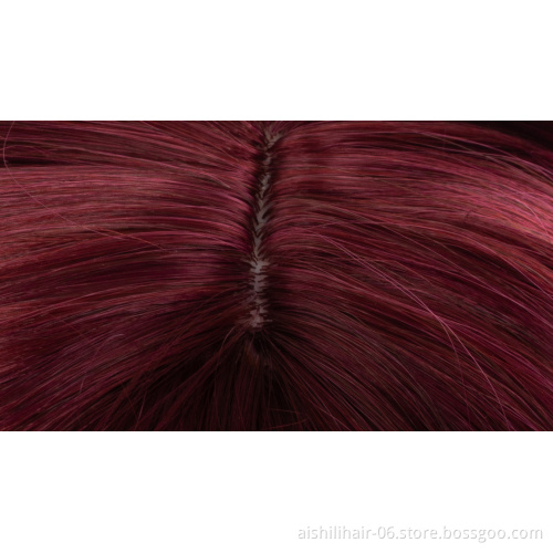 Wholesale long burgunly red natural wave wig with natural bangs synthetie hair wig for women